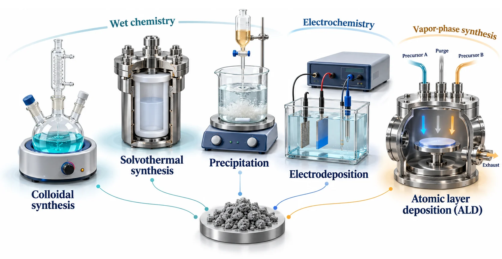 Nanomaterial synthesis methods: colloidal synthesis, solvothermal synthesis and precipitation (wet chemistry), electrodeposition (electrochemistry), and atomic layer deposition (vapor-phase synthesis)